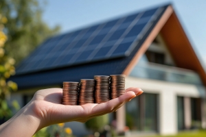 Hand with Coins on the Background of a House with Solar Panels Representing Cost Concept