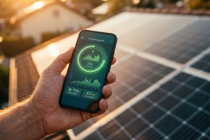 Person Using Energy Management App for Tracking Solar Panel Performance