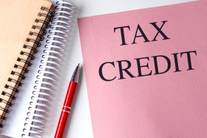 Pink Folder with the Words Tax Credit Next to Spiral Notebooks