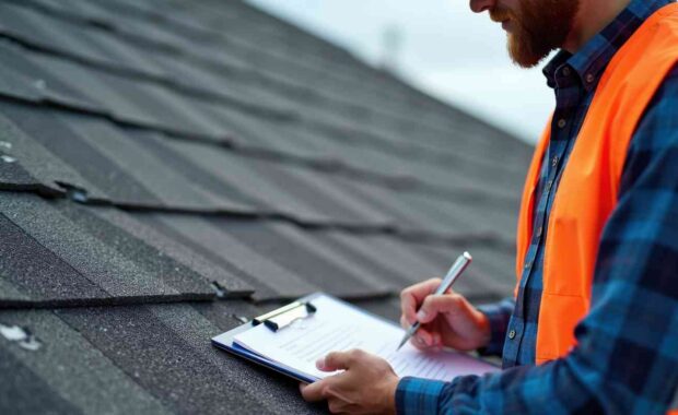 Solar Expert in Safety Vest Evaluating Roof for Solar Installation