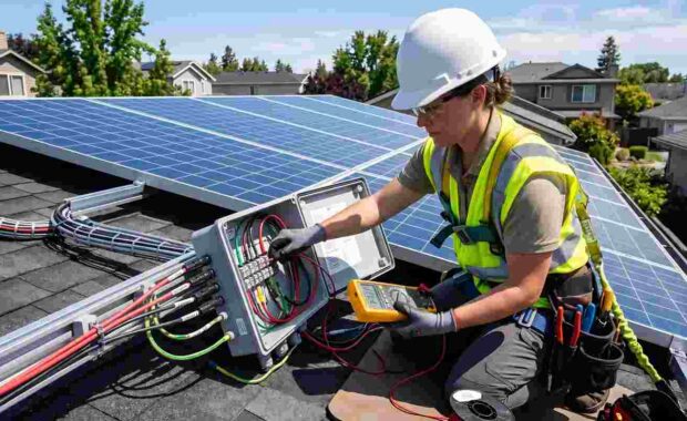 Technician Checking Wiring of Solar Panels on a Rooftop