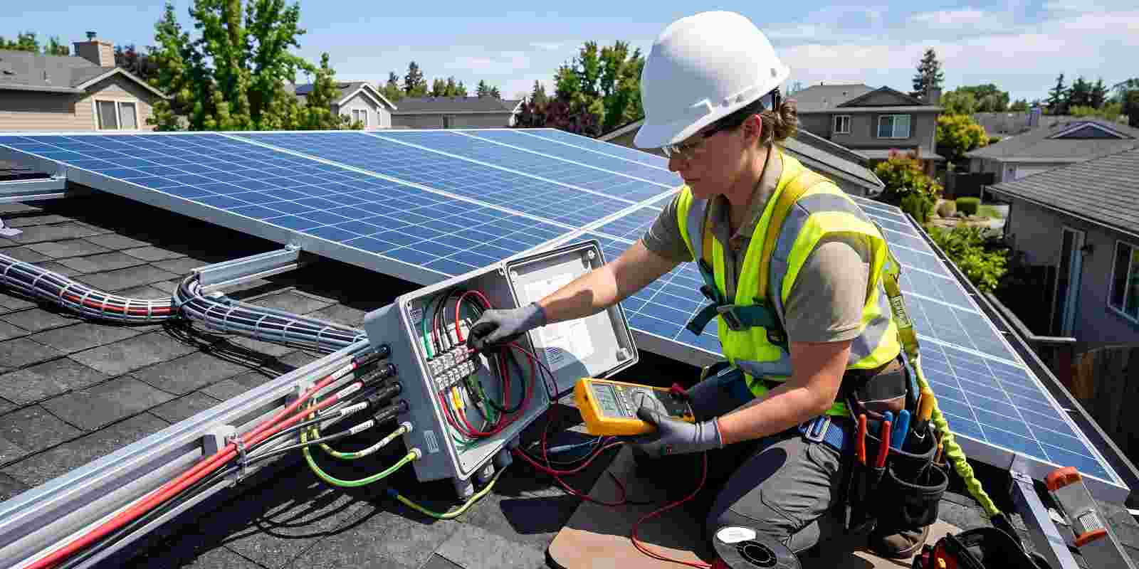 Technician Checking Wiring of Solar Panels on a Rooftop