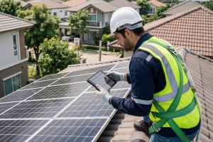 Technician Inspecting Solar Panels on House Rooftop