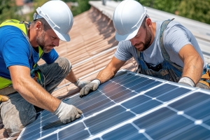 Local Workers Installing Solar Panels on House Rooftop