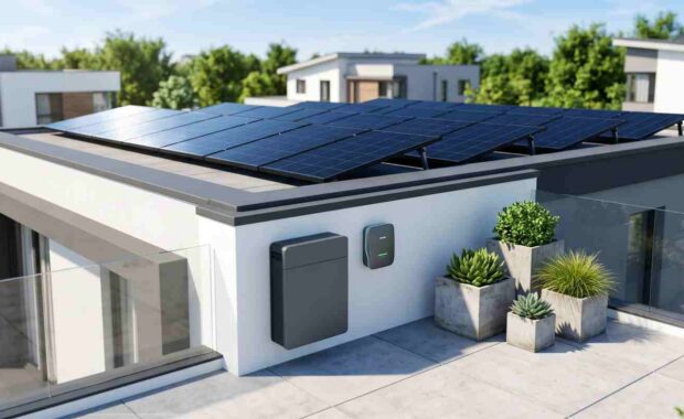 Modern Residential House with Solar Panels and Wall-Mounted Battery Storage Unit