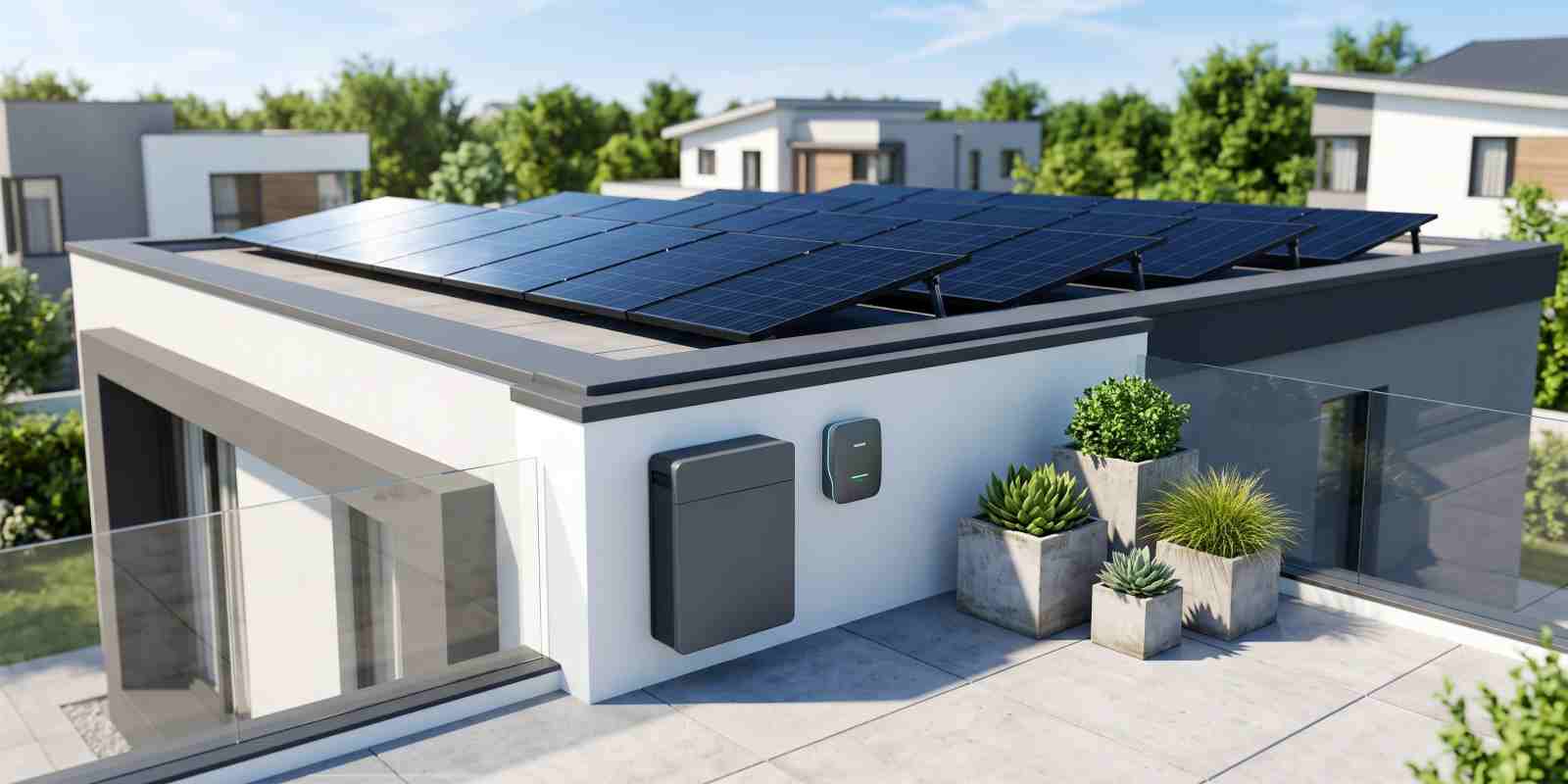 Modern Residential House with Solar Panels and Wall-Mounted Battery Storage Unit