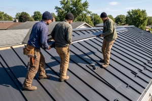 Roofing Crew Starting a Solar Ready Metal Roof Renewal