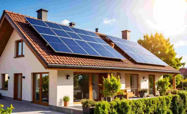 Solar Panels on a Modern Maryland Home with a Red-Tiled Roof