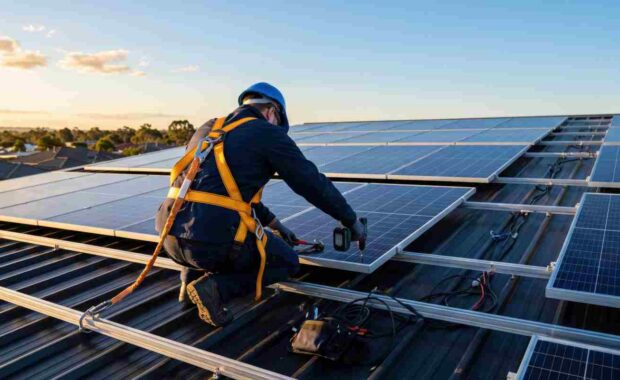 Worker Reinstalling Solar Panels on New Residential Roof