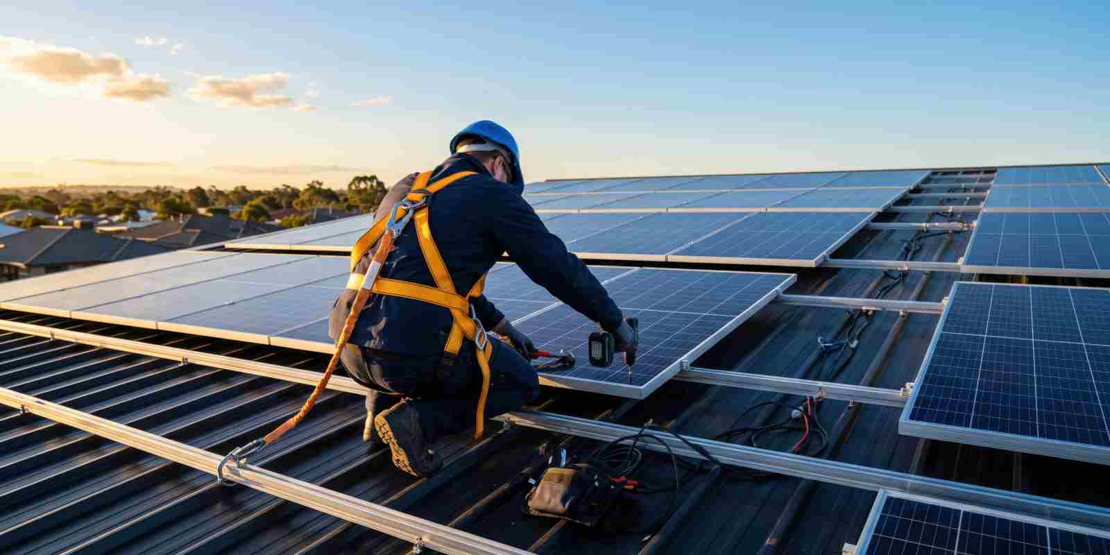 Worker Reinstalling Solar Panels on New Residential Roof