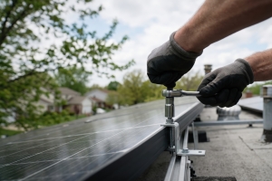 Worker Removing Solar Panels for Roof Replacement