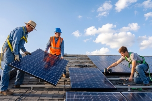 Workers Reinstalling Solar Panels on New Roof