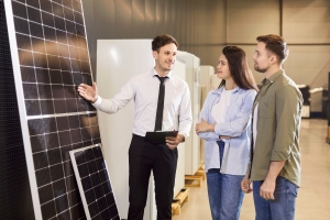 Young Smiling Solar Panels Seller Consulting Couple Standing in a Shop