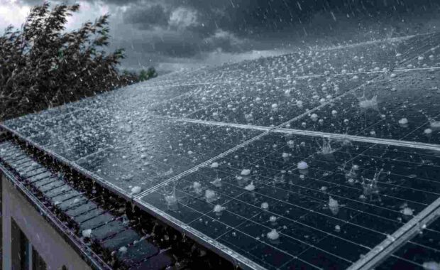 Hailstorm Striking Rooftop Solar Panels During Severe Weather