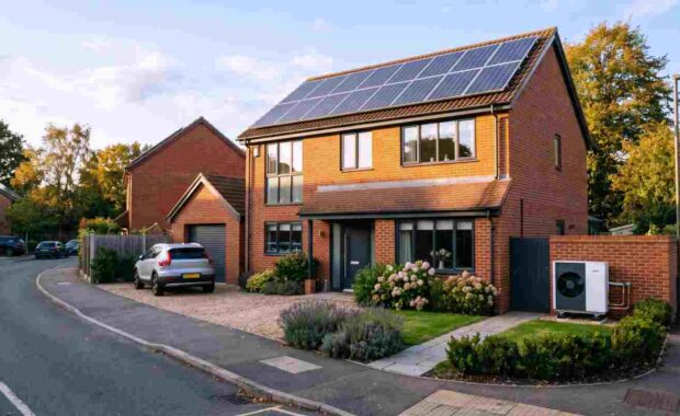 Modern Brick Home with Rooftop Solar Panels and Air Source Heat Pump