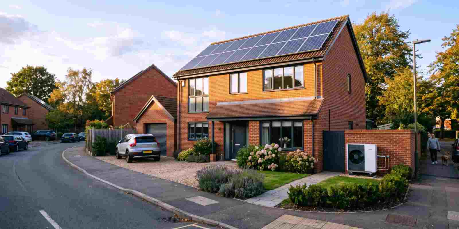 Modern Brick Home with Rooftop Solar Panels and Air Source Heat Pump
