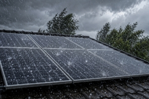 Wind and Hailstrom Striking Solar Panels on a House Rooftop