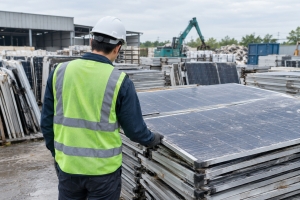 Worker Overlooking Stacks of Panels at a Solar Recycling Site