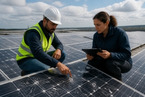 Workers Inspecting Solar Panels Damaged by Hail